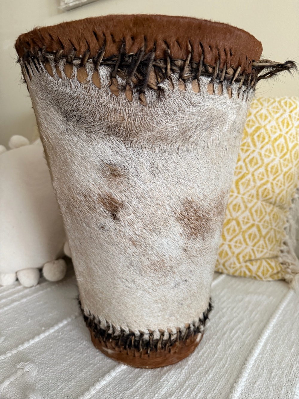 Handcrafted Cowhide Accent Vase - Brown and Cream